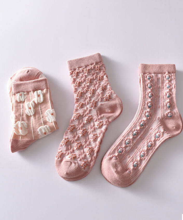 Cute Pink Floral Mid Calf Socks