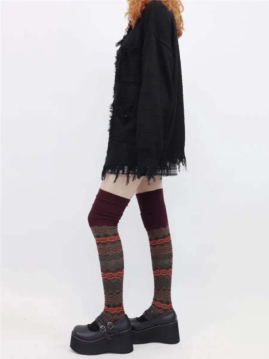 Red Grunge Striped Long Socks