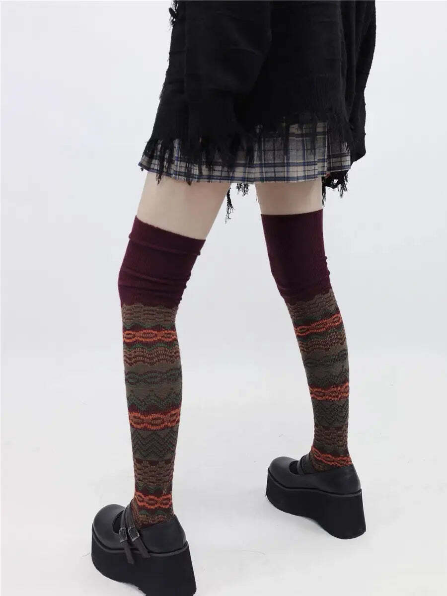 Red Grunge Striped Long Socks