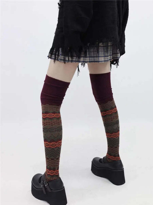 Red Grunge Striped Long Socks
