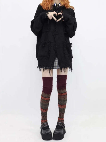 Red Grunge Striped Long Socks