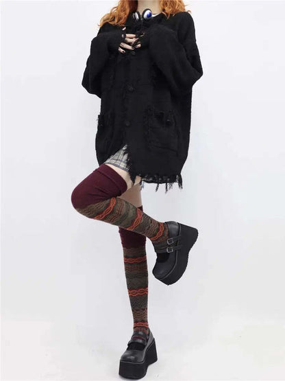 Red Grunge Striped Long Socks